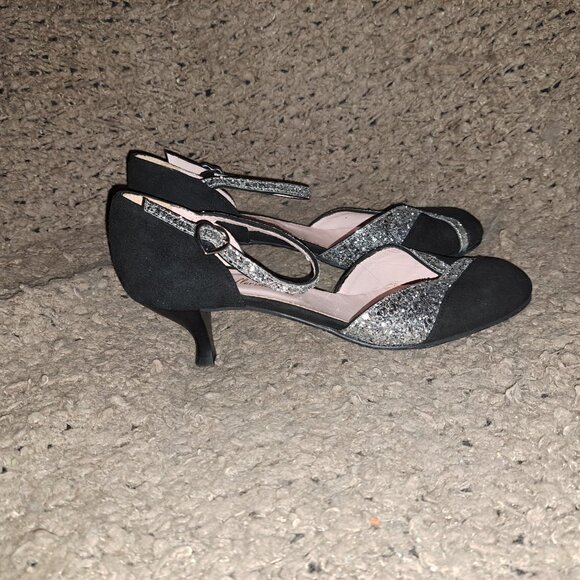 PRETTY BALLERINAS-Black Suede/Glitter D'Orsay/Ankle Strap Shoes-Sz 39-NWOB - Picture 4 of 7